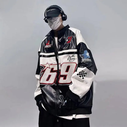 Hip Hop American PU Leather Jacket Men Patchwork Letter Embroidery  Motorcycle Biker Coats Unisex Bomber Jacket Flocking Clothes