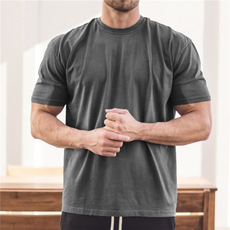 Men Gym Workout Fitness cotton Short Sleeve T-shirt Hip Hop Fitness Summer Oversized Bodybuilding Tops Sports Tees