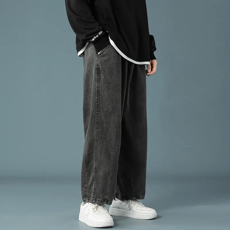 Spring New Men's Baggy Denim Wide Leg Pants Korean Style Elastic Waist Stylish Harem Fit Jeans Skateboard Trouse Male Black