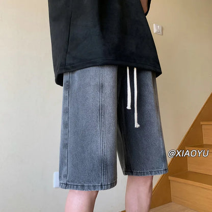 saferido Korean Style Summer Men's Black Wide Leg Denim Shorts New Fashion Casual Baggy Short Jeans Cargo Shorts Male Brand Clothes