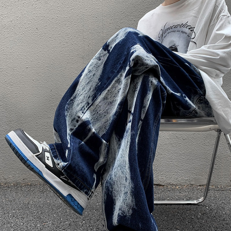 Jeans men Tie-dye Jeans High Street Straight Denim Pants Men Baggy Fashion Trend Jean Pants Mens Wide-leg BF Clothing