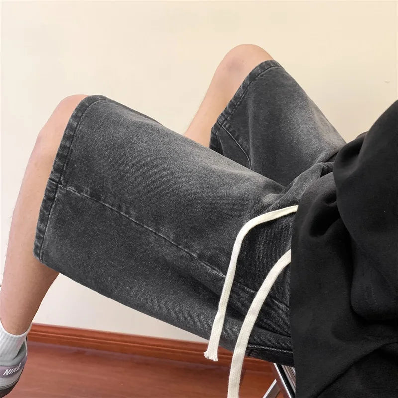 saferido Korean Style Summer Men's Black Wide Leg Denim Shorts New Fashion Casual Baggy Short Jeans Cargo Shorts Male Brand Clothes