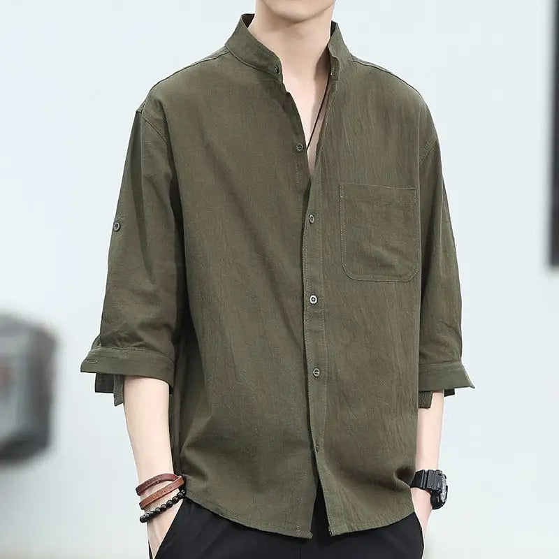 Men's Clothing New Solid Color Spring Summer Thin Fashion Casual Round Neck Loose Simplicity Handsome Button Pockets Shirts