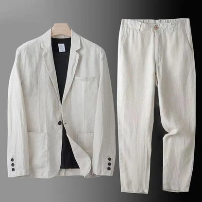 Spring Autumn Fashion Men Linen Two-piece Set Blazer Jacket + Pants Solid Slim Fit Casual Business Thin Clothing Breathable Suit