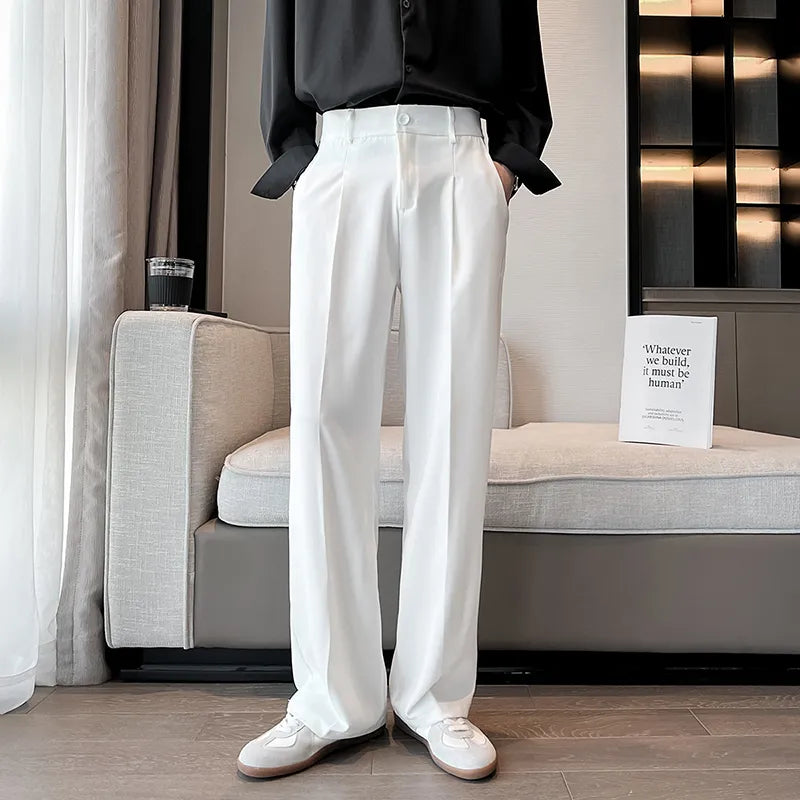 Spring Summer Men Casual Suit Pants Long Straight Draped Freedom Trousers Male Solid Stretch Waist Oversized Pants Black White