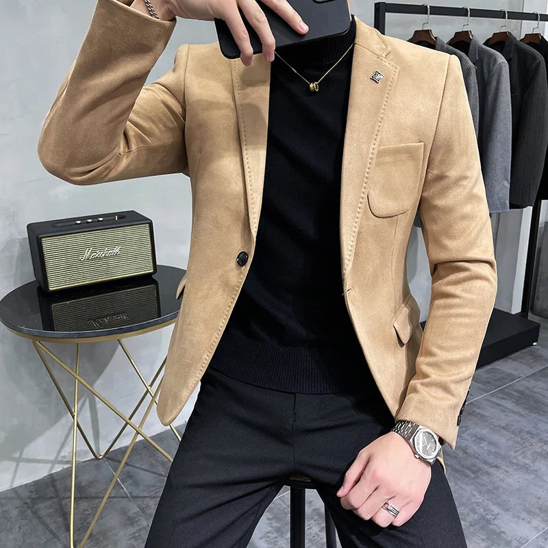 saferido  High Quality Blazer Men's British Trend Premium Simple Business Elegant Fashion Casual Gentleman Slim Suit Deer Velv Jacket