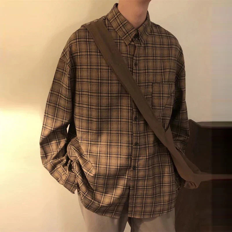 Spring Clothing Men's Casual Japanese Plaid Shirt Vintage Streetwear Turn Down Collar Button Long-sleeved Check Tops Stylish