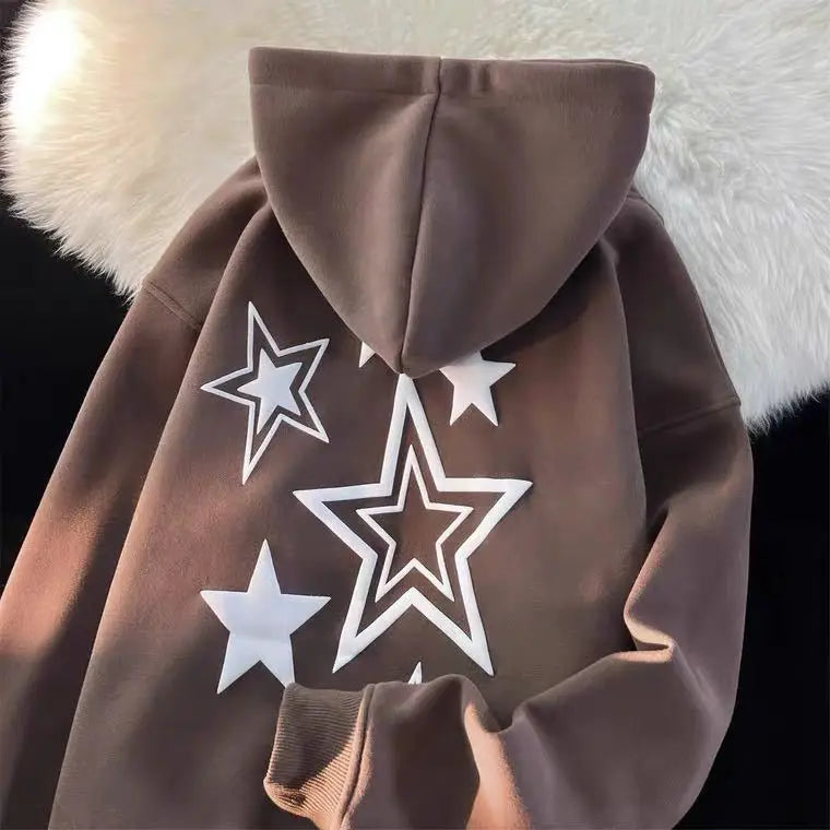 saferido High Street Y2k Autumn And Winter Hooded Zip-up Star Hoodie Hoodies Couple Jacket Stitch Trend American Style Loose Pure Cotton