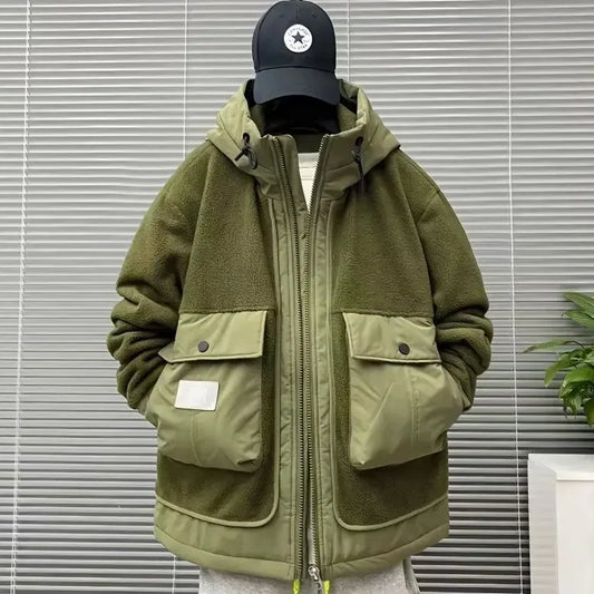 Winter Men's Jacket Japan Style Cargo Spliced Lamb Wool Thick Parkas Workwear Large Pocket Padded Coat Oversized Hooded Top