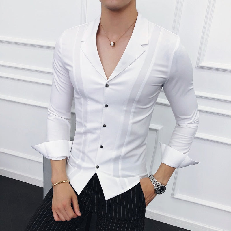 Brand Clothing Men High Quality Spring Long-Sleeved Shirts/Male V-neck Slim Fit Casual Business Shirts Plus Size S-4XL