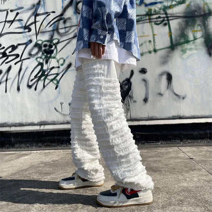 saferido American Street Hip-hop Heavy Industry Ripped Men's Jeans Spring  Straight Loose Vibe Style Skateboard White Flared Pants