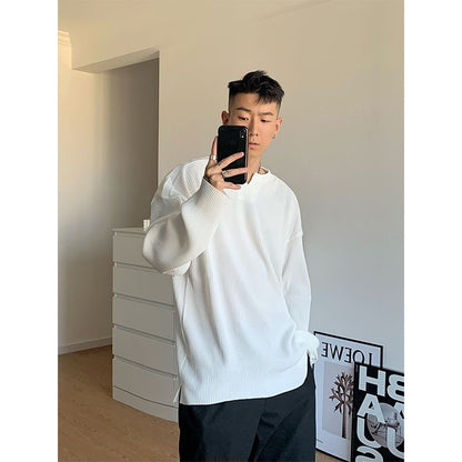 Irregular Hot Selling O-Neck Leisure Screw Thread T-Shirts Black and White Wild Long Sleeve Men's Clothing Four Seasons Loose