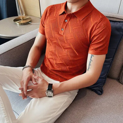 saferido Korean Style Men's Summer Hollow Out Knitting Polo Shirts/Male Slim Fit Plaid Fashion Casual Short Sleeve Polo Shirt S-4XL