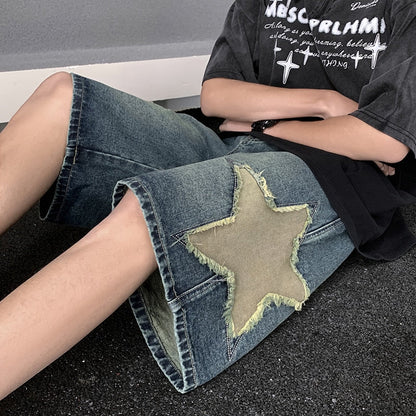 Blue Star Embroidery Straight Casual Men Shorts Summer New Wide Leg Loose Hip-hop Fashion Youth Streetwear Denim Shorts