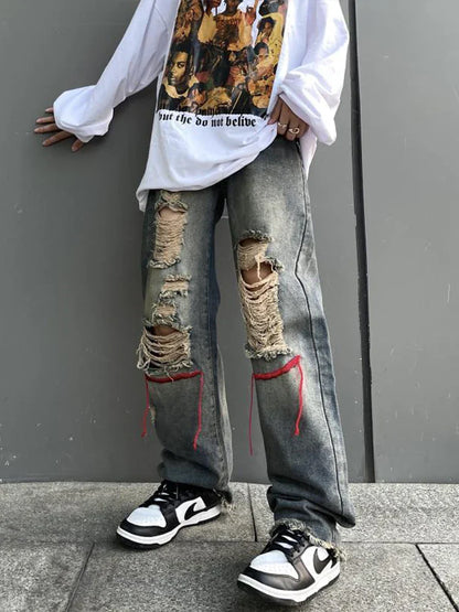 saferido Ripped Jeans Pants for Men Punk Denim Trousers Male Straight Leg Jeans Hip Hop Harajuku Korean Streetwear Hippie Hole