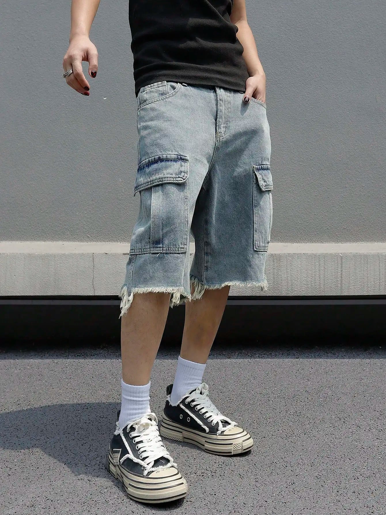 saferido Korean Fashion Men's Wide Leg Denim Shorts Summer New Fashion Loose Casual Elastic Waist Large Pocket Cargo Men's Jeans Shorts