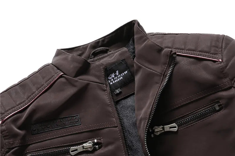 Vintage Fleece Leather Jacket Winter Motorcycle PU Men Warm Multi-pocket Leather Zipper Autumn Outwear Jackets Coat Male