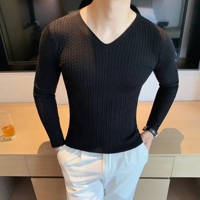 Winter Sweaters Men Korean Fashion Streetwear V-Neck Sweaters Solid Color Men Cashmere Sweater Woolen Slim Trends S-3XL