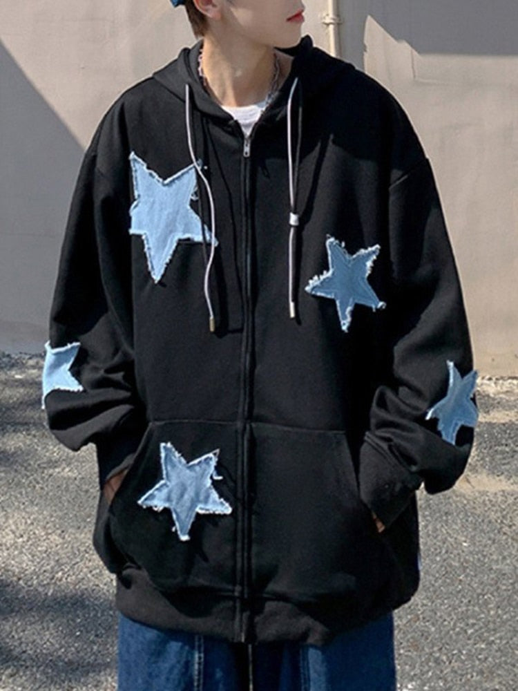 Fashion Y2k Mens Jacket Coat Harajuku Star Patch Zipper Oversized Hoodies Streetwear Hip Hop Gothic Loose Pocket Man Sweatshirts