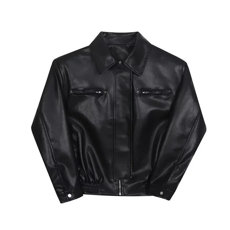 saferido 90s Streetwear Short Black Top Jacket for Spring and Autumn Men's Casual Lapel Thin Motorcycle Leather Jacket