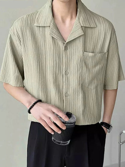 Men Shirt Folds Striped Lapel Short Sleeve Button Streetwear Korean Casual Shirts Summer Leisure Men Clothing S-5XL