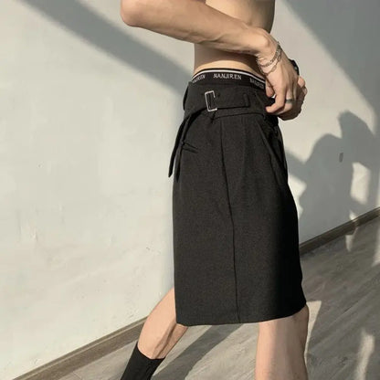 saferido Fashion Casual Shorts Men Summer Korean Chic Wide Leg Trousers Male Knee-length Sashes Draped Loose Retro Popular High Street