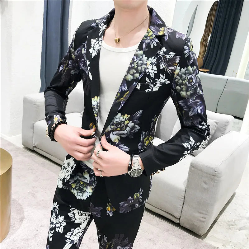 saferido (Jackets+Pants)  Men's Spring Printed Business Blazers/Male Slim Fit Casual Suit of Two Pieces Groom's Wedding Dress S-3XL