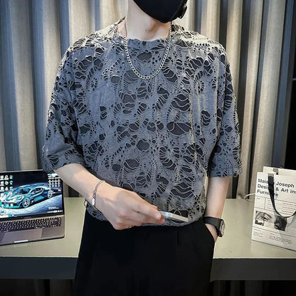 saferido Korea Fashion Streetwear Lace Hole Tops Summer T-Shirts Party Club Sexy Mens Clothing Ripped Short Sleeve T-Shirt Hollow Design