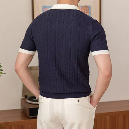 Summer Fashion Men Short Sleeve Slim Polo Shirt Vintage Patchwork Knitted Polos Men Clothing Male Casual V-Neck Lapel Pullover