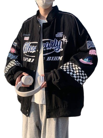 Embroidery Fashion Streetwear Racer Jackets Men Women Y2K HipHop Motorcycle Plaid Vintage Bomber Harajuku Autumn Jackets Coat