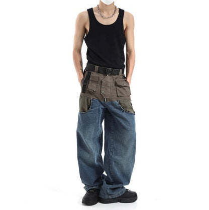 Patchwork Baggy Wide Leg Jeans Pants Men Distressed Denim Trousers Male Oversize Japanese Streetwear Safari Style Casual