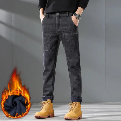 Pocket Design Fleece Men's Jeans Fashion Thick Korean Classic Fashion Slim Plush Pants Male Casual Solid-color Denim Trousers