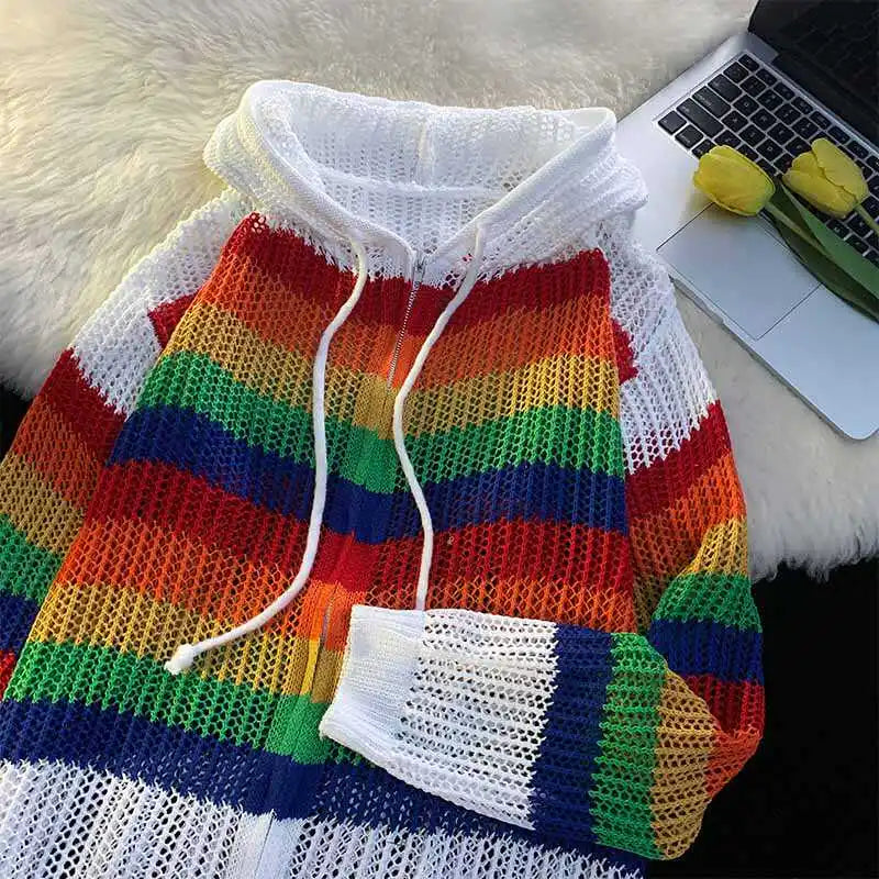 saferido Spring Autumn New Men Rainbow Striped Cardigan Coat Men's Loose Knit Hooded Jackets Male Casual Sweater Outerwear S817