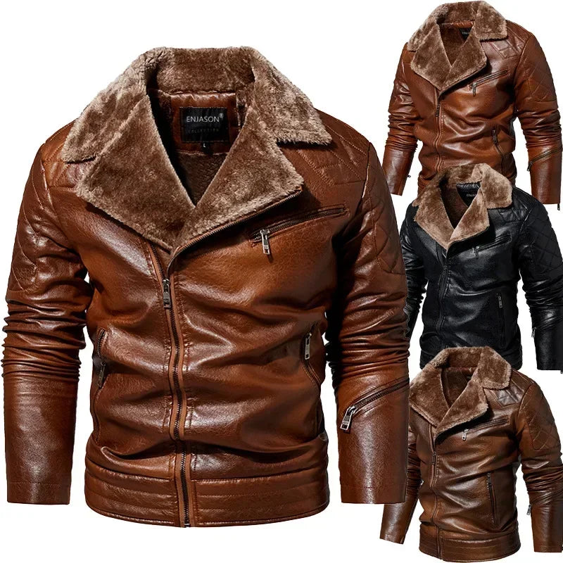 Fashion Warm Winter Men's Leather Jacket with Fur Collar Thicken Fleece Motorcycle Coat Casual Faux Leather Locomotive Jacket