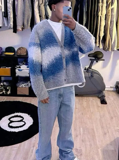 Fashion Tie Dye Cashmere Sweater Cardigan Man Long Sleeve Single Breasted Knitted Jacket Autumn Thicken Warm Woolen Coat