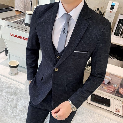 Men's Suit Jacket Vest Pants Fashion Boutique Plaid Casual Business Male Groom Wedding Tuxedo Dress 3 Pieces Set Blazers Coat