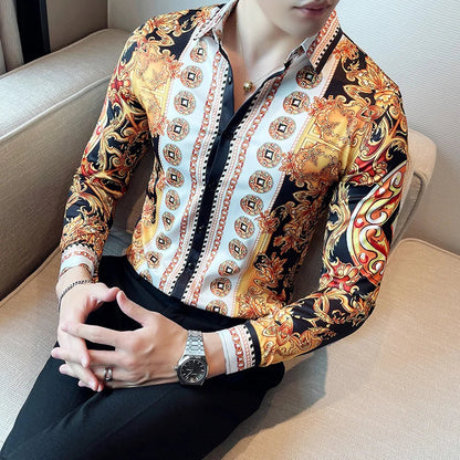 saferido Luxury Paisley Gold Printed Shirt Men's Royal Club Clothing Korean Men's Long Sleeve Slim Long Sleeve Shirt Tuxedo Shirt