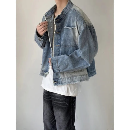 Mens Hip-hop Denim Jacket Gradient Rough Edge Shoulder Pads Cowboy Coat Single Breasted Short Fashion Casual Men Outwear New