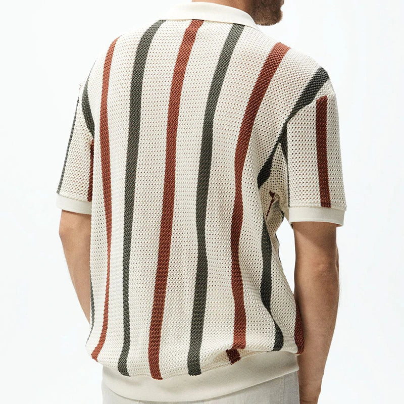 Summer Breathable Hollow Out Knit T Shirt Men Vintage Striped Print Knitted Polo Shirt Beach Casual Lapel Short Sleeve Tops Male