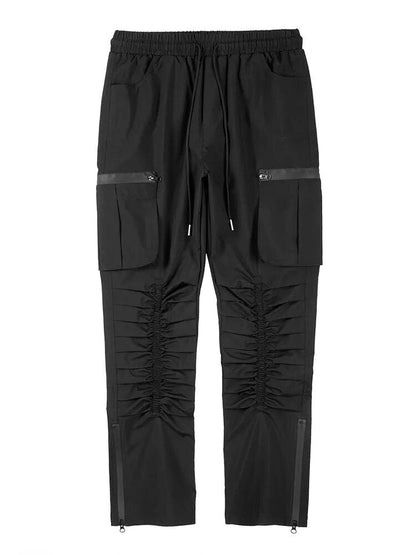 Harajuku Black Tapered Pants for Mens Functional Rubber Band Pleated Waterproof Zipper Casual Pants Nylon Men's Jogging Pant