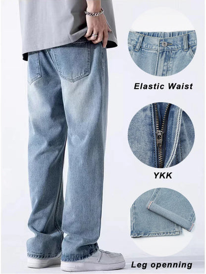 Spring Autumn Men's Jeans Straight Denim Pants Banding Waist Cotton Streetwear Wide Leg Loose Casual Blue Long Jeans Trousers