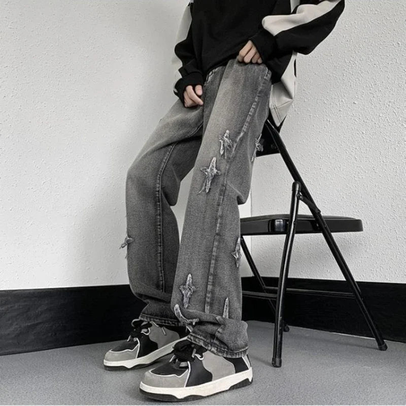 saferido American Retro Hiphop Pants Washed Cross Jeans Men's Korean Hip Hop 2024 Spring Autumn Loose Trendy Straight Trousers