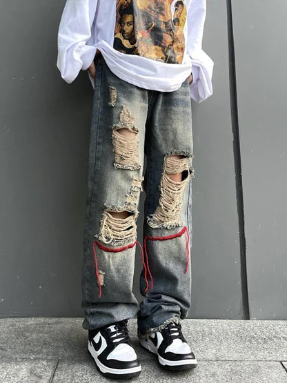 saferido Ripped Jeans Pants for Men Punk Denim Trousers Male Straight Leg Jeans Hip Hop Harajuku Korean Streetwear Hippie Hole