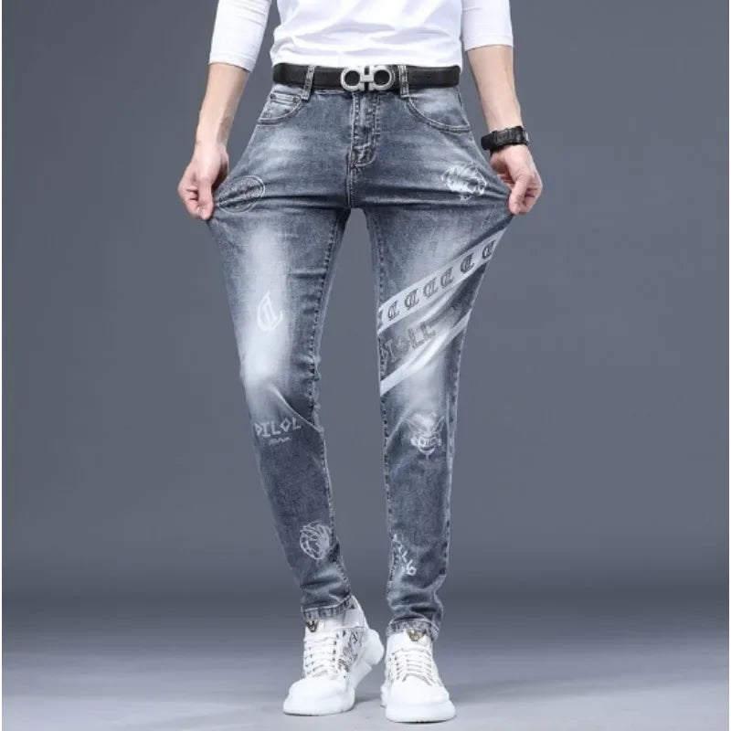 saferido Jeans Men Print Pants Loose Fit Blue Baggy Jeans Korea Fashion Wide Leg Pants Denim Trousers Men's Clothing Harem Pants