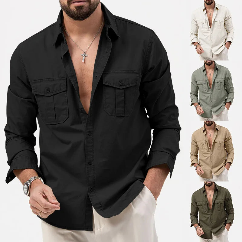 Spring Autumn Men's Casual Shirts Multi Pocket Long Sleeve Lapel Button Cardigan Top Fashion Safari Style Shirt Clothing For Men