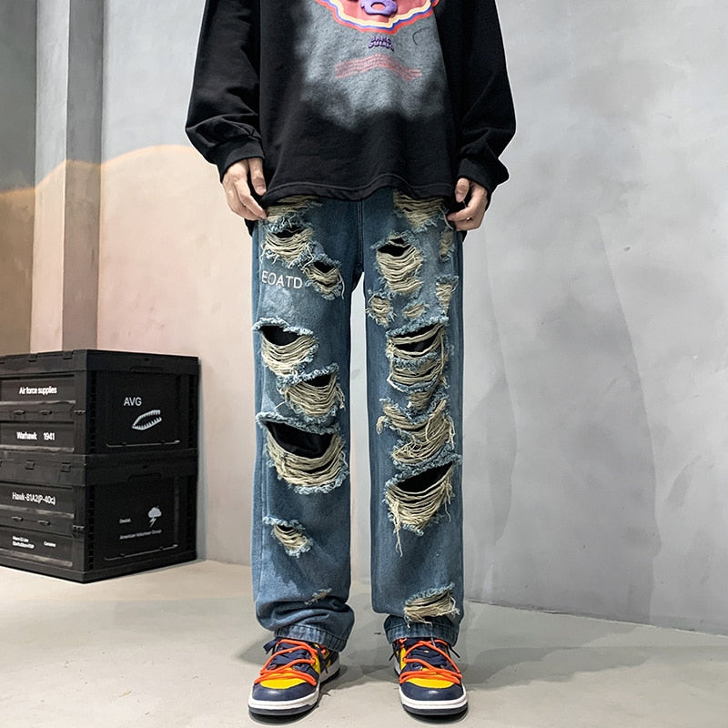 Men's Vibe Style Destroyed Jeans Pants Fashion Hi Street Ripped Oversize Hip Hop Denim Trousers Loose Fit Distressed Bottoms