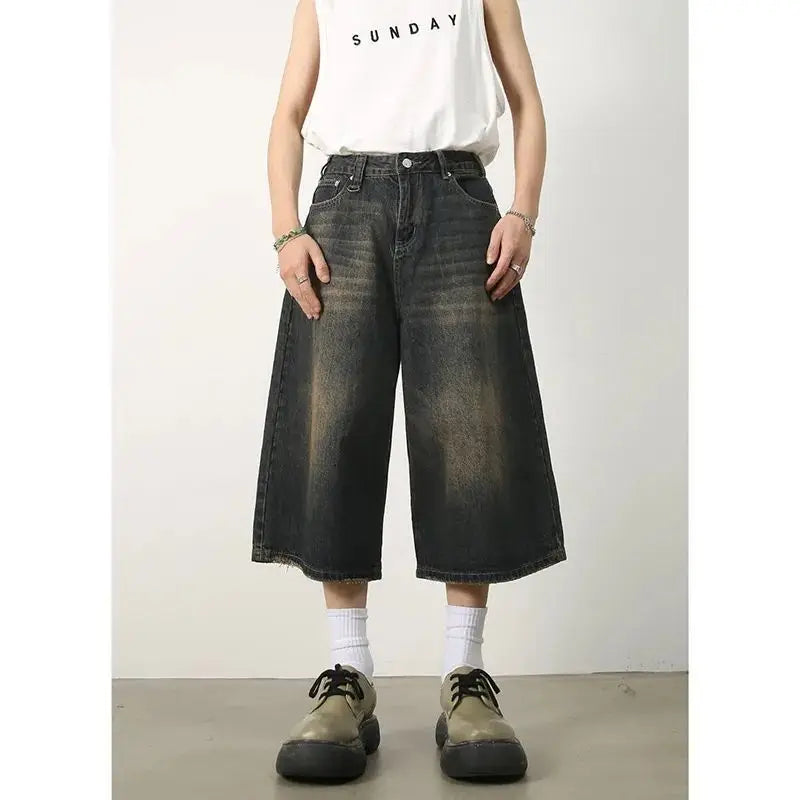 saferido American Retro Summer Calf-Length Denim Pants Jeans Men High Street Over Knee Wide Leg Straight Shorts Casual Oversized Shorts