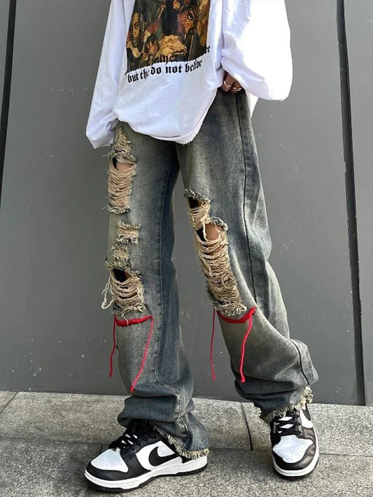 saferido Ripped Jeans Pants for Men Punk Denim Trousers Male Straight Leg Jeans Hip Hop Harajuku Korean Streetwear Hippie Hole