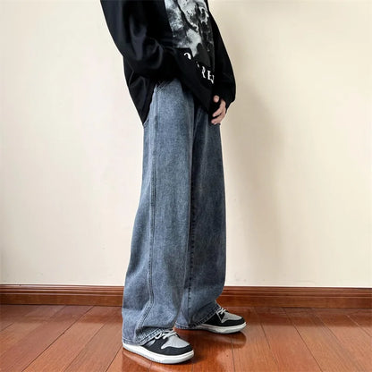 saferido New Korean Fashion Men's Baggy Jeans High Street Man Straight Denim Wide-leg Pants Hip Hop Bagy Light Blue Grey Black