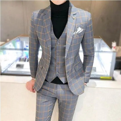 saferido (Jacket+Vest+Pants) Men Dress Suits British 3Piece Men Wedding Suit Autumn Men Business Formal Plaid Suit Male Luxury Slim Dress